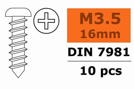 G-Force RC GF-0175-009 Revtec - Self-tapping Pan Head Screw - 3,5X16mm - Galvanized Steel - 10 pcs